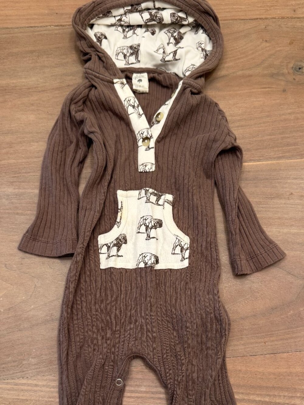 Kate Quinn Brown Ribbed Hooded Romper Bulldog Print Organic 12-18M